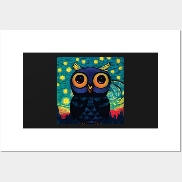 Owl in Van Gogh Style Starry Night Sky with Red Fields Wall Art by Geminiartstudio